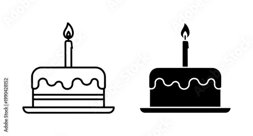 Birthday Cake Icon Set with Burning Candle