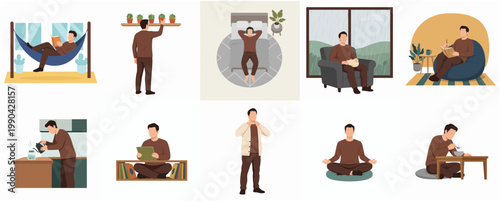 Minimalist Set of Relaxing Man Doing Leisure Activities and Hobby Illustration