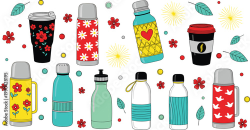 Colorful Thermos and Water Bottle Icon Set with Floral Patterns, Hearts, and Fun Designs for Eco-Friendly and Travel Gear Illustrations