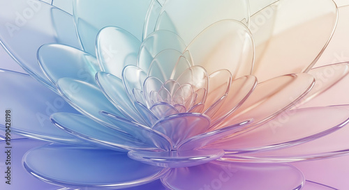 A close-up, macro view of a translucent, multi-colored glass flower with delicate, layered petals.