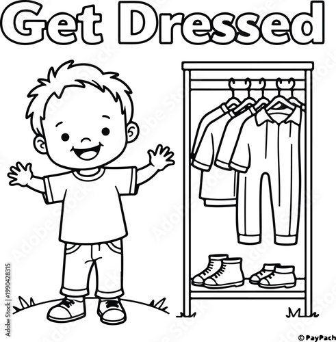 Kids Coloring Page A young boy excitedly getting dressed in front of an open closet full of clothes and shoes. Line Art Illustration