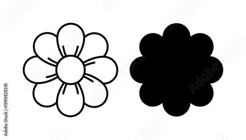 Minimalist Daisy Flower Outline and Solid Black Silhouette Icons