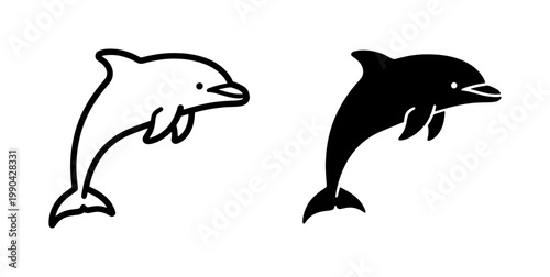 Dolphin jumping outline and black silhouette icon set