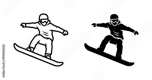 Snowboarder jumping silhouette and line art icon set