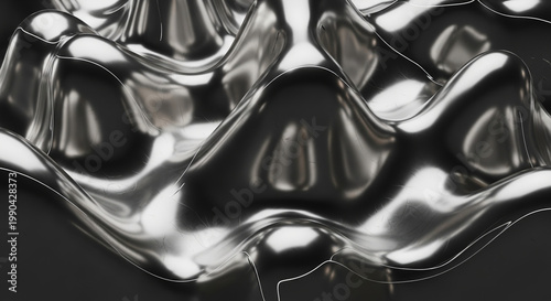 Abstract close-up of a shimmering metallic liquid surface with undulating waves and reflective peaks and valleys.