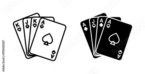 Playing cards icon set with ace of spades and royal hand