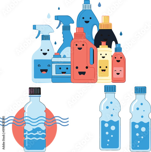 Cleaning products and water bottles vector illustration set with detergent containers spray bottles and hydration containers in cute cartoon style
