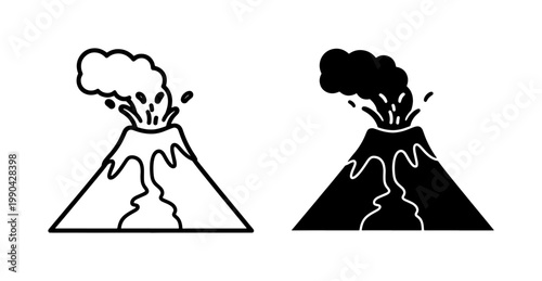 Volcano Eruption Icon Set with Lava and Smoke Clouds