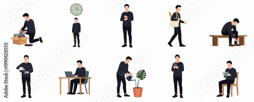 Modern Flat Illustration Young Man Character Set Engaging in Diverse Daily Activities and Everyday Lifestyle Scenes Collection
