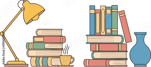 Cozy reading setup with books lamp and coffee vector illustration featuring home library stacks and decorative interior elements in flat style