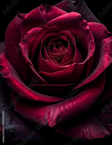 Velvety Dark Red Rose Blossom Macro Close Up Shot With Intricate Petal Details And Subtle Dew Drops On Solid Black Background