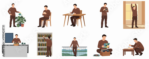 Flat Illustration Set of Man Doing Various Activities At Home
