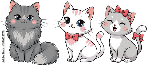 Adorable Cute Kitten Vector Set Featuring Fluffy and Playful Cartoon Cats with Bows, Expressions, and Soft Colors for Kids Illustration and Pet Design