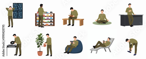 Flat Illustration Set of Man Doing Various Activities at Home