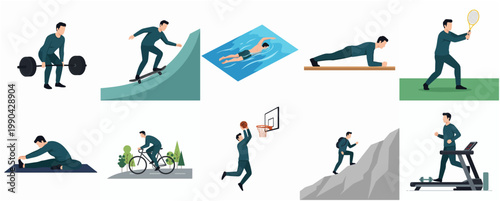 Minimalist Isometric Sport Activity and Exercise Scene, Active Lifestyle Illustration