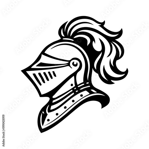 Logotipo con dibujo minimalista con líneas de un casco de caballero medieval con plumas, al estilo clásico de los emblemas medievales