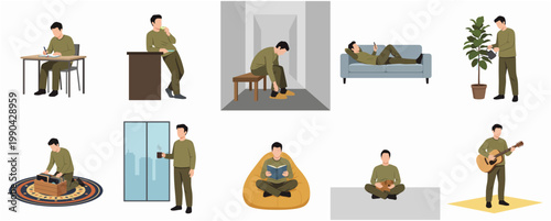 Simple Flat Character Illustration of Man in Different Activity Lifestyle