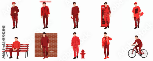 Flat Illustration Stylish Man Character Doing Activity Lifestyle in Red Color Theme