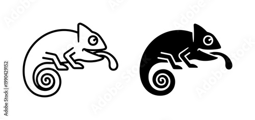 Chameleon lizard icon set with long tongue and spiral tail