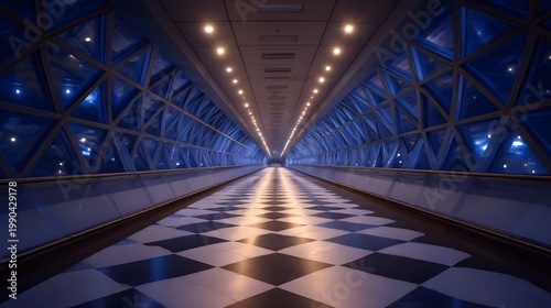 A futuristic and symmetrical corridor featuring a dramatic checkerboard floor and glowing blue architectural elements that create an illusion of