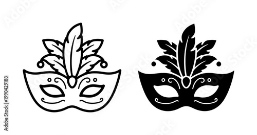 Venetian Masquerade Carnival Mask Icons with Feathers