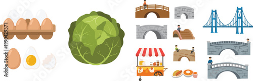Eggs cabbage street food cart and bridge designs vector illustration set with food and urban architecture elements collection