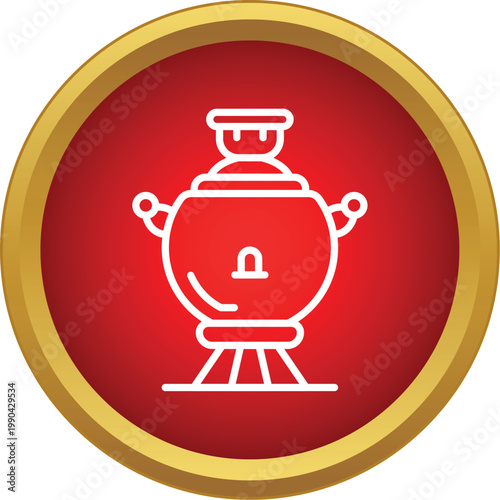 Traditional samovar outline icon in a red and gold circle