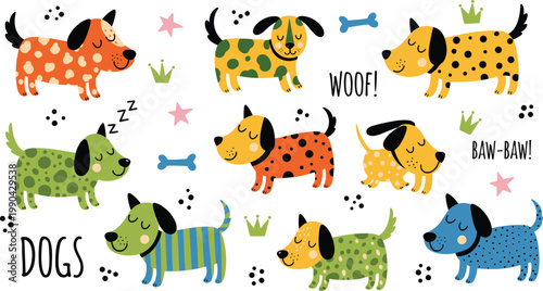 Cartoon Dog Icon Set with Colorful Patterns, Paw Prints, and Fun Sound Effects for Pet and Animal Lovers