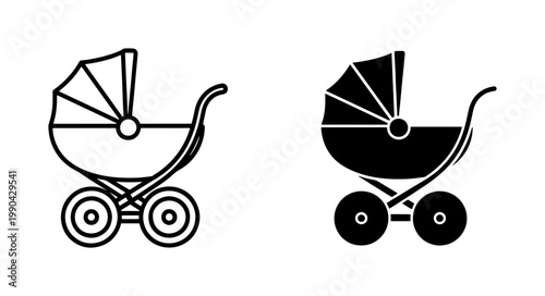 Baby stroller line and silhouette icon set