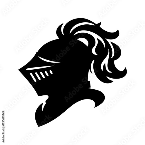 Logotipo con dibujo minimalista con la silueta de un casco de caballero medieval con plumas, al estilo clásico de los emblemas medievales