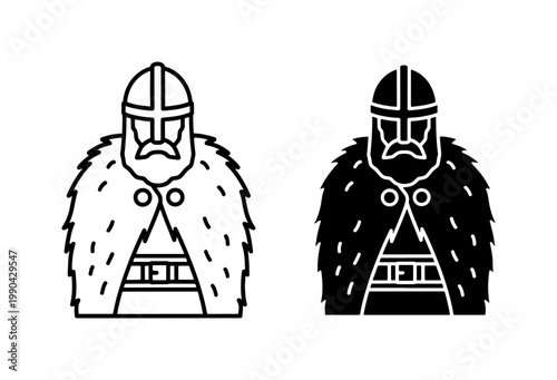 Viking Warrior Icon Set Wearing Fur Cloak and Helmet