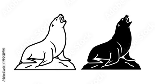Sea Lion Silhouette and Outline Vector Illustration