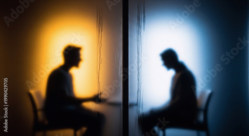 Two Silhouettes Behind Frosted Glass Divided by Warm and Cold Light — Mental Health, Depression vs Confidence and Emotional Duality Concept