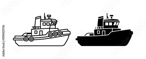 Tugboat Silhouette and Line Art Icon Set