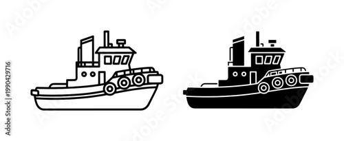 Tugboat Icon Set in Outline and Solid Black Style