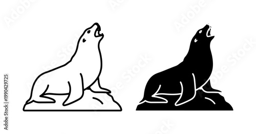 Sea Lion Barking Outline and Silhouette Icon Set