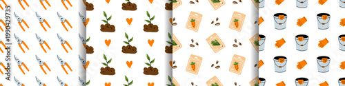 Vector seamless pattern set with cute garden, farm and agriculture elements on white background. Pruning shear, seedling sprouts, carrot seed packets, glove and metal bucket prints. Wrapping paper.