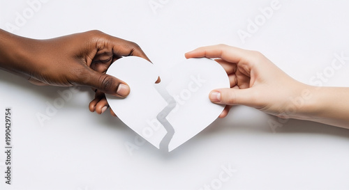 Two Hands of Different Races Holding a Torn Paper Heart — Breakup, Racial Unity, Love and Relationship Concept