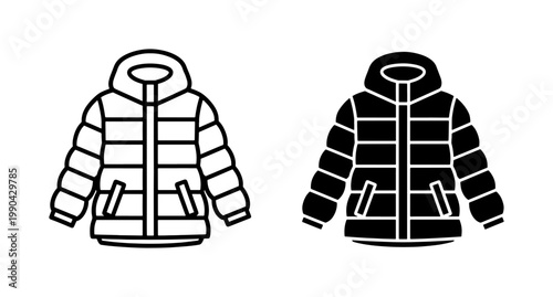 Winter Puffer Jacket Icon Set in Outline and Glyph Style