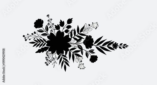 Black silhouette of a floral arrangement with various flowers and leaves.