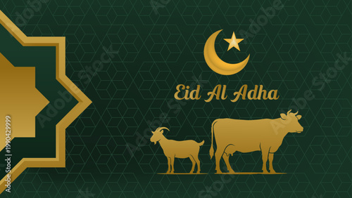 Dark Green Gold Grain Texture Eid al-Adha Background 2026 in ration 16:9. geometric ornament on the left side.