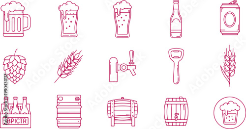 Collection of beer related icons including mug glass bottle can hop wheat beer tap barrel and crate.