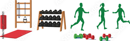 Gym equipment and running people vector illustration set with dumbbells yoga mat fitness training tools and active lifestyle concept