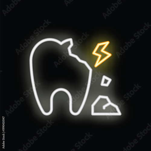 Neon sign of a broken tooth is glowing on a black background