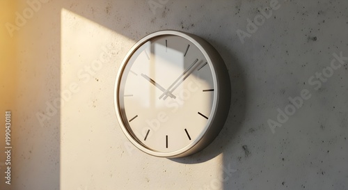 Modern Minimalist Wall Clock with Sunlight Shadows on Concrete Texture