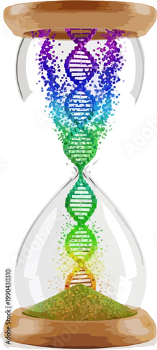Hourglass with DNA helix dissolving into rainbow particles symbolizing time, genetics, evolution, and the fragility of life and scientific research
