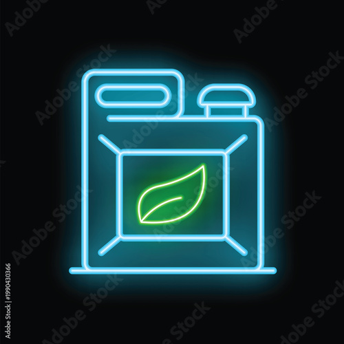 Glowing neon line eco fuel canister icon isolated on black background. Bio fuel. Vector illustration