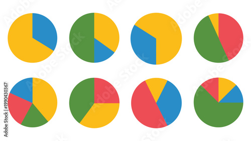 Colorful Pie Chart Icons Data Visualization Statistical Infographic Graph Business Finance Marketing Analytics Vector Illustration Set Isolated Background