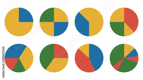 Colorful Pie Chart Icons Data Visualization Statistical Infographic Graph Business Finance Marketing Analytics Vector Illustration Design Isolated Background