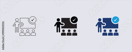 A graphic icon, a training, seminar session, a teacher, presenter standing beside a screen, checkmark icon indicates successful completion, understanding, business, educational, workshops, conference.